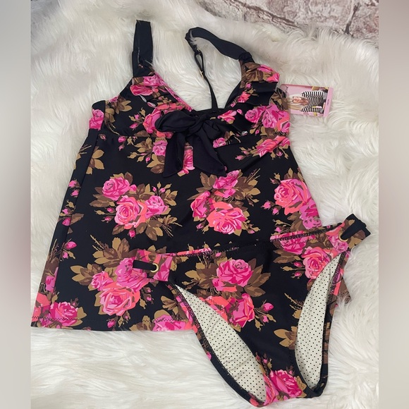 Betsey Johnson Tankini Bikini Swim Bathing Suit Black Pink Gypsy Rose Size S - Picture 3 of 4
